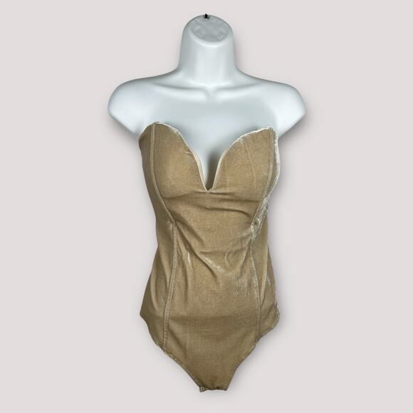 Women Cream Tan Bandeau Back Lace Up Velvet Bodysuit neutral Medium - Picture 1 of 6
